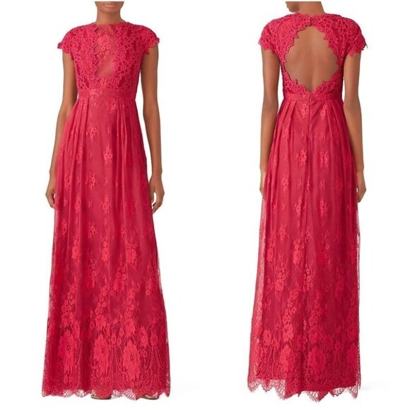 Monique Lhuillier Red Lace Illusion Formal Gown $495